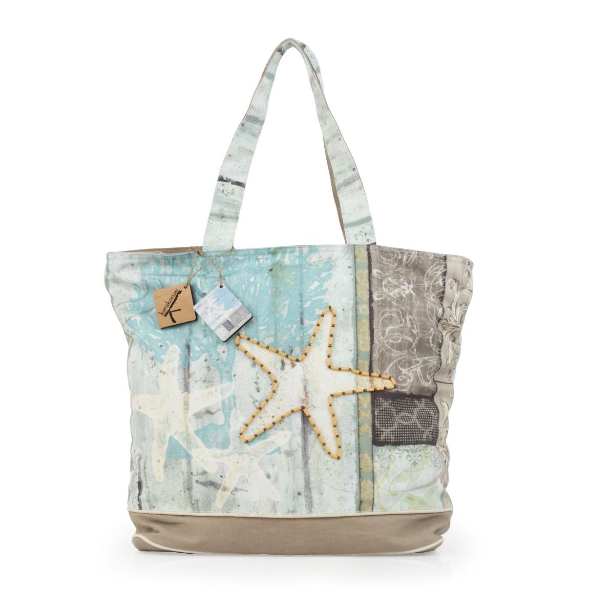 Borsa mare Karakorum Blizzard. Borsa spiaggia fantasia con stelle marine su fondo azzurro e tortora.