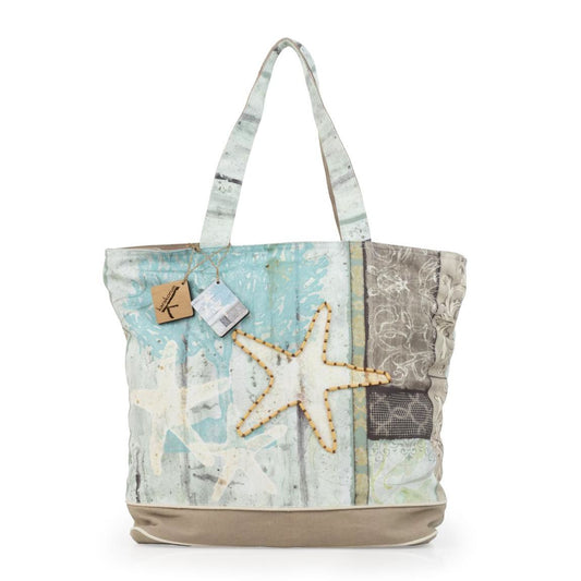 Borsa mare Karakorum Blizzard. Borsa spiaggia fantasia con stelle marine su fondo azzurro e tortora.