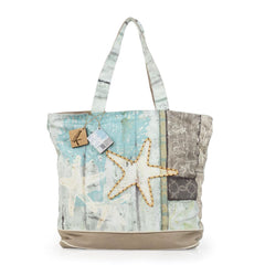 Borsa mare Karakorum Blizzard. Borsa spiaggia fantasia con stelle marine su fondo azzurro e tortora.