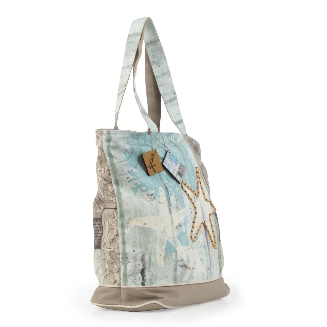 Borsa mare Karakorum Blizzard. Borsa spiaggia fantasia con stelle marine su fondo azzurro e tortora.