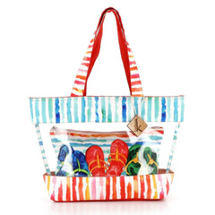 Borsa mare Casper di Karakorum. Fantasia a righe vivace e colorata. La parte centrale è in plastica trasparente. Include borsello con cerniera, fantasia con dei sandali colorati.