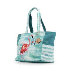 Borsa mare Karakorum Juno. Fantasia con un fenicottero rosa corallo su fondo verde acqua.