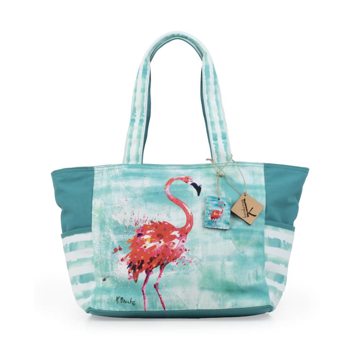 Borsa mare Karakorum Juno. Fantasia con un fenicottero rosa corallo su fondo verde acqua.