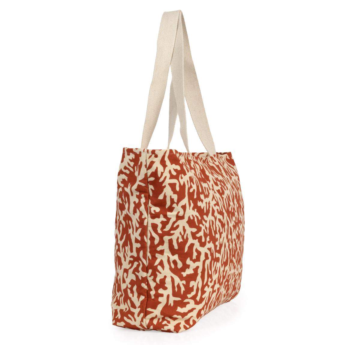 Borsa mare Martinica di Karakorum. Fantasia con coralli beige su fondo arancio/ruggine. Manici in tessuto beige.