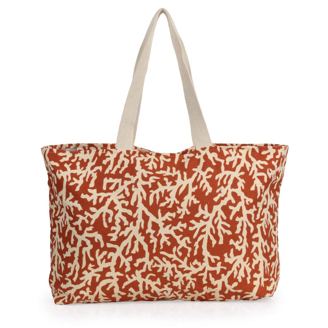 Borsa mare Martinica di Karakorum. Fantasia con coralli beige su fondo arancio/ruggine. Manici in tessuto beige.