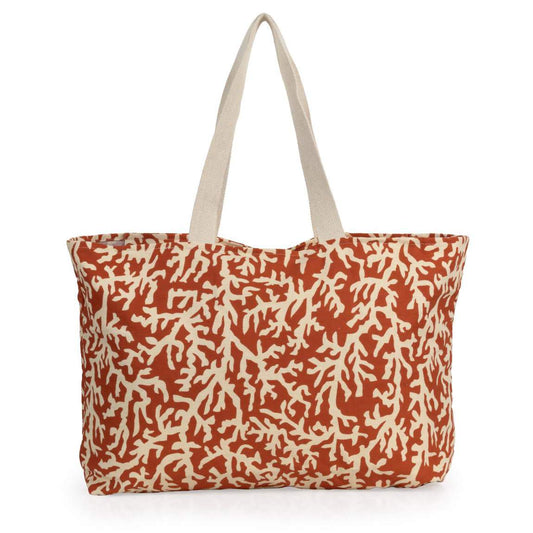 Borsa mare Martinica di Karakorum. Fantasia con coralli beige su fondo arancio/ruggine. Manici in tessuto beige.