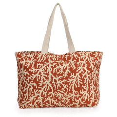 Borsa mare Martinica di Karakorum. Fantasia con coralli beige su fondo arancio/ruggine. Manici in tessuto beige.