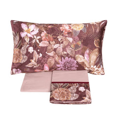 Completo lenzuola fazzini protea matrimoniale. Fantasia floreale su fondo bordeaux burgundy