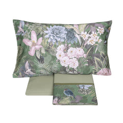 Completo lenzuola fazzini protea matrimoniale. Fantasia floreale su fondo verde. Percalle e raso di cotone