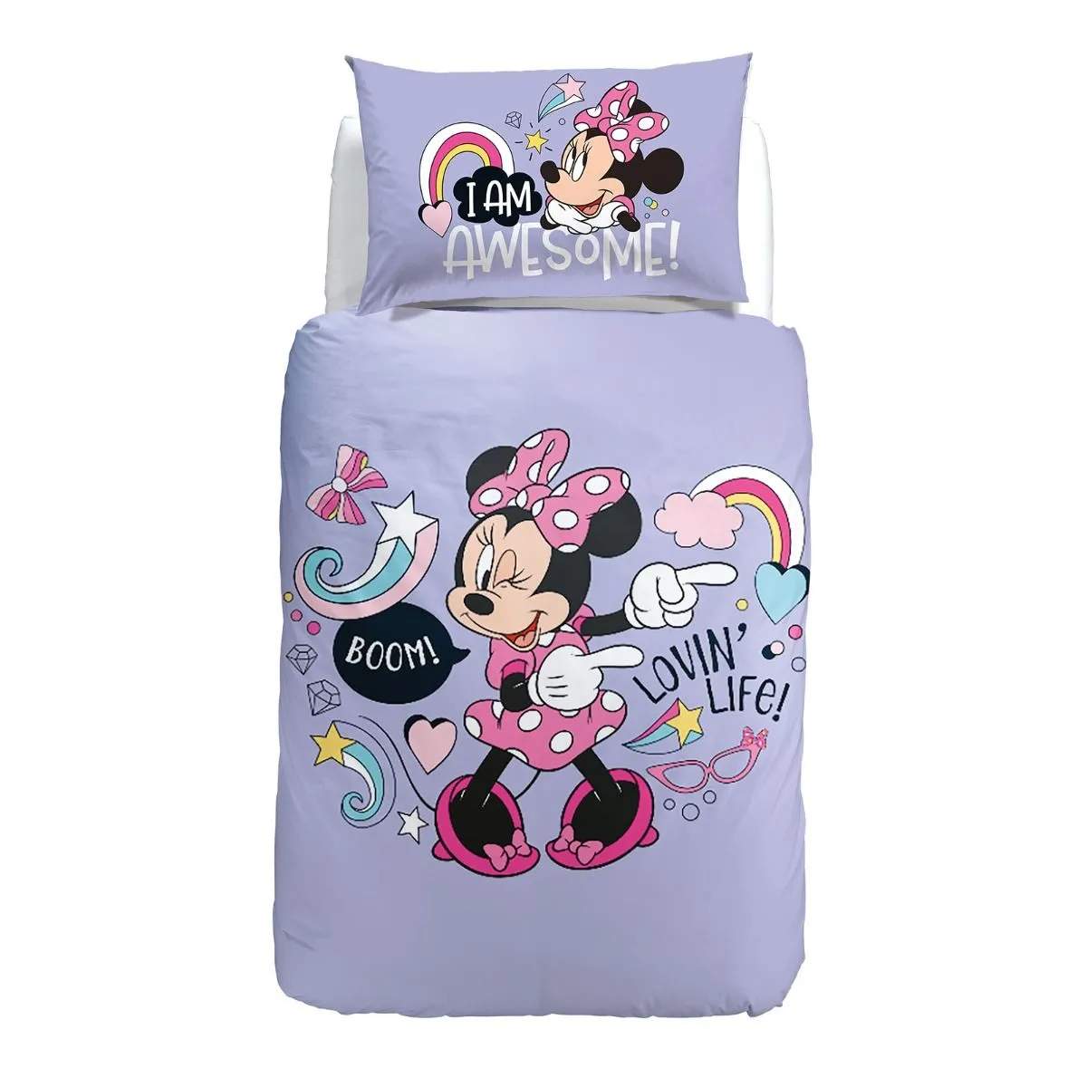 Completo Copripiumino Minnie Boom in puro cotone per letto singolo. Linea Caleffi Disney. Copripiumone per bambina con fantasia piazzata di Minnie su fondo lilla.