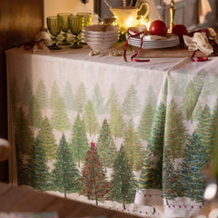 Tovaglia natalizia Fairy Trees in lino di Tessitura Toscana Telerie. Fantasia alberi di Natale.