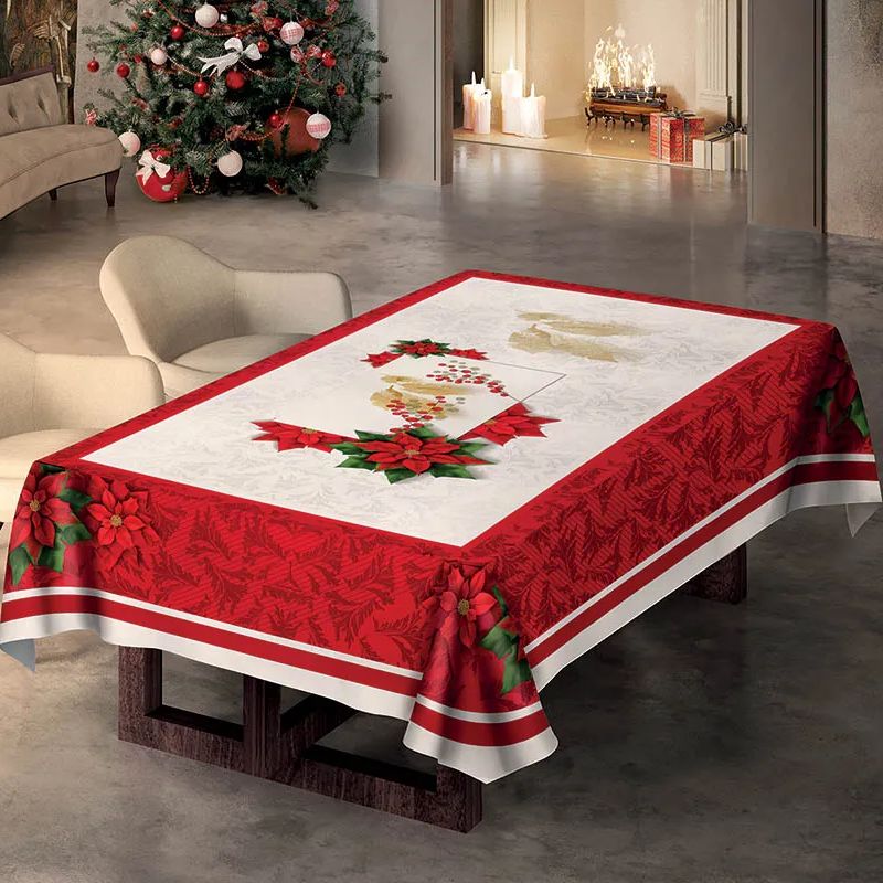 Tovaglia natalizia Leaves di Emily Home. Stampa digitale su cotone. La tovaglia presenta una fantasia natalizia piazzata, con fondo bianco e bordi rossi. La tovaglia ha doppia cornice rossa con all’interno un pattern floreale. A completare suddetta cornice una composizione floreale di poinsettie posizionata ai quattro angoli della tovaglia. Il piano tavola è attraversato da un pattern floreale tono su tono, mentre al centro ci sono stelle di Natale e foglie dorate. Misura rettangolare x12.