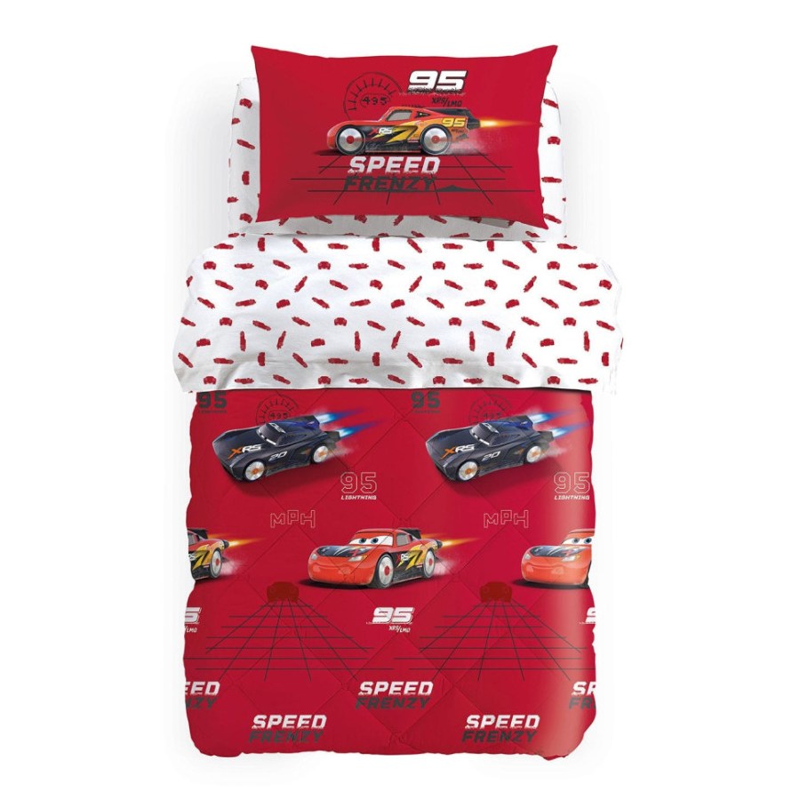 Trapunta invernale Cars Frenzy, linea Caleffi Disney, in puro cotone per letto singolo. Piumone in fantasia con le macchine di Cars su fondo rosso, ideale per i tuoi bambini