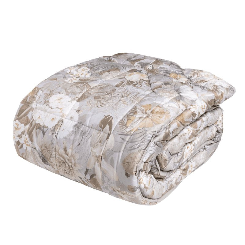 Trapunta Invernale matrimoniale Fazzini Protea. Fantasia a fiori su fondo grigio betulla. Piumone in raso di cotone