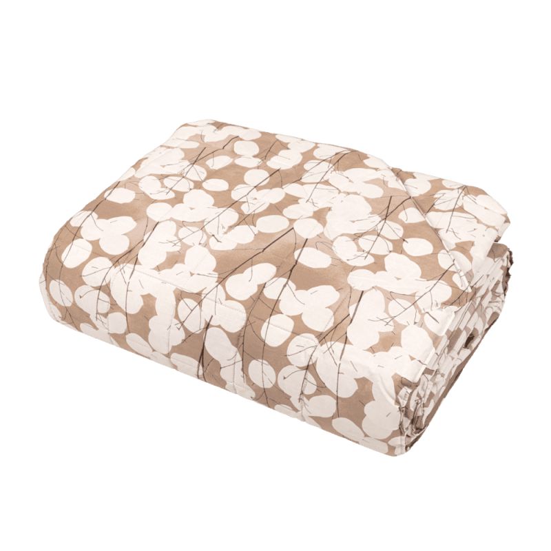 Trapunta primaverile matrimoniale Fazzini Lunaria, in percalle di puro cotone. Il trapuntino Lunaria presenta una fantasia floreale dallo stile moderno, con fiori chiari su fondo tortora. Quilt