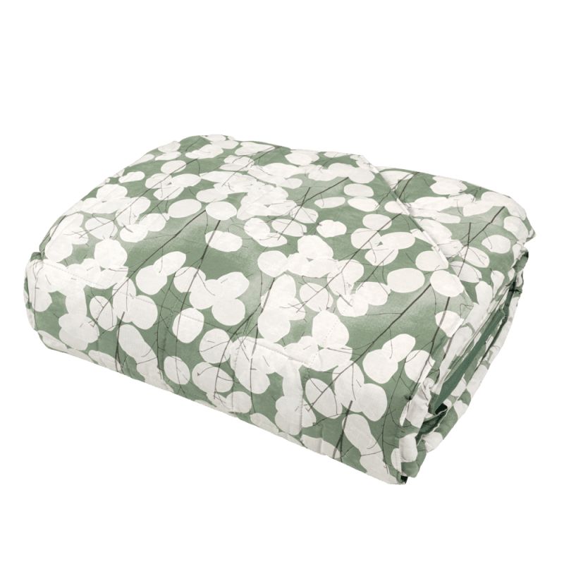 Trapunta primaverile matrimoniale Fazzini Lunaria, in percalle di puro cotone. Il trapuntino Lunaria presenta una fantasia floreale dallo stile moderno, con fiori chiari su fondo verde. Quilt