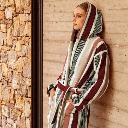 accappatoio gradazioni fazzini in cotone fantasia a righe burgundy sandalo beige
