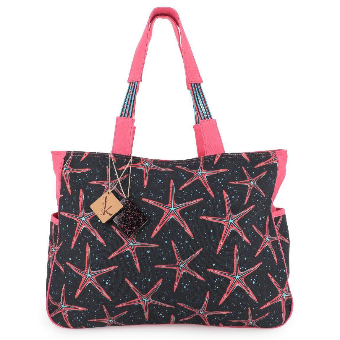 Borsa mare Kunis. Borsa da spiaggia in fantasia, con stelle marine rosse su fondo nero.