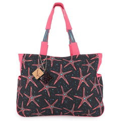 Borsa mare Kunis. Borsa da spiaggia in fantasia, con stelle marine rosse su fondo nero.