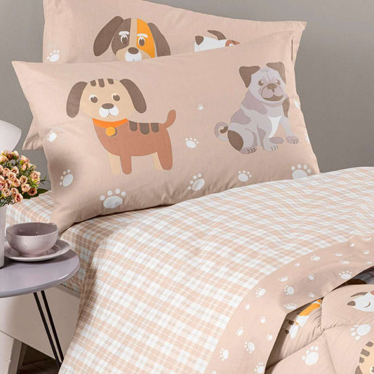 Completo lenzuola Caleffi Cuccioli in cotone per letto singolo e piazza e mezza. Fantasia con cagnolini su fondo beige.