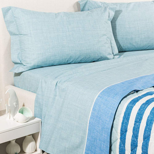 Completo lenzuola caleffi river. Microfantasia a righe azzurra, quasi tinta unita
