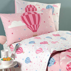 Completo lenzuola Caleffi Star in puro cotone, per letto a una piazza.Fantasia con mongolfiere rosa e azzurre su fondo bianco e rosa, ideale per bambine e ragazze