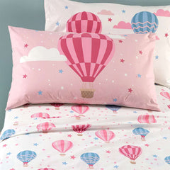 Completo lenzuola Caleffi Star in puro cotone, per letto a una piazza.Fantasia con mongolfiere rosa e azzurre su fondo bianco e rosa, ideale per bambine e ragazze