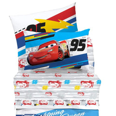 completo lenzuola cars caleffi disney in cotone. fantasia con macchina rossa su fondo grigio e blu