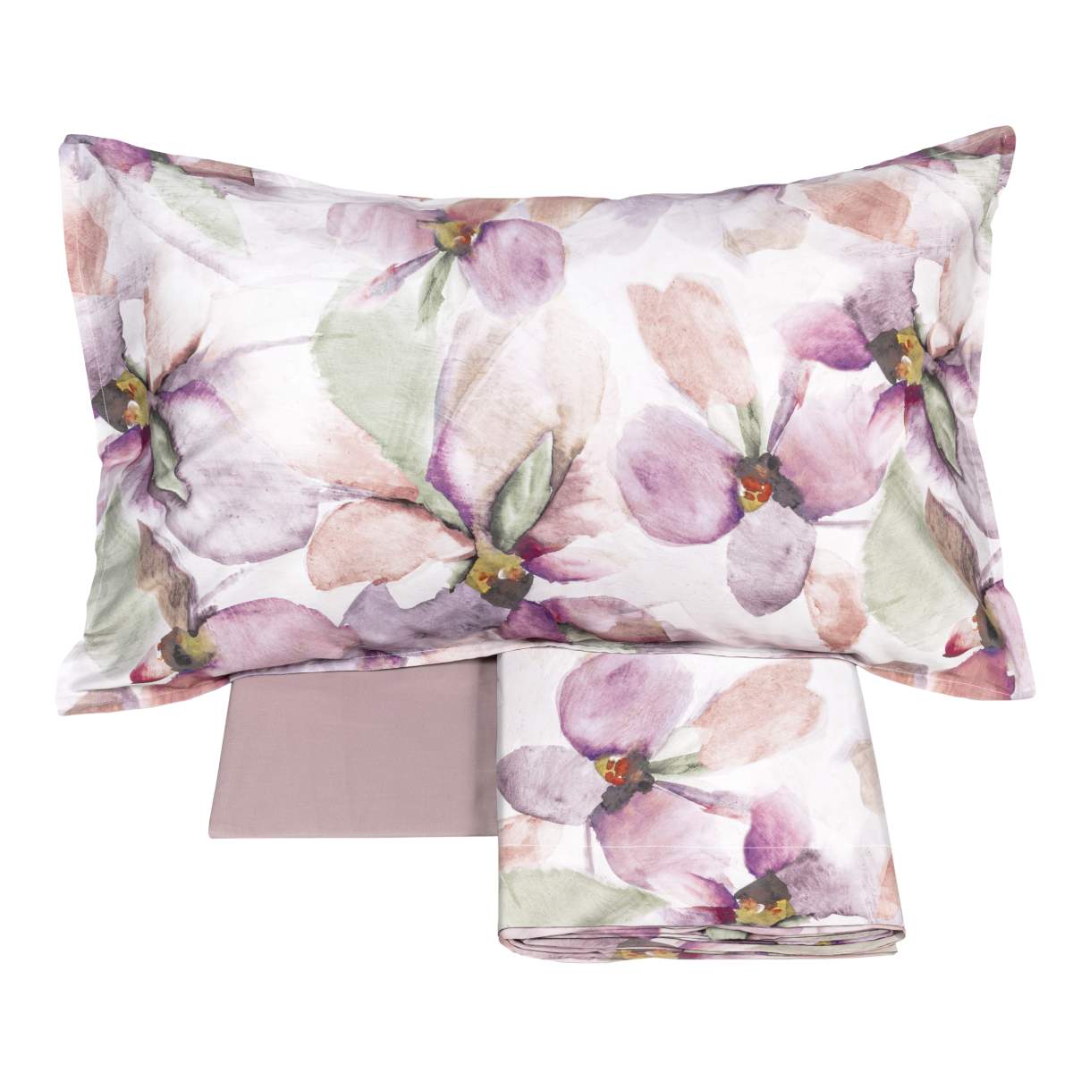 Lenzuolo copriletto matrimoniale Fazzini Trasparenze, in percalle di puro cotone. Il completo lenzuola Trasparenze ricrea, tramite la tecnica dell'acquerello, una luminosa fantasia floreale che esplora le varie tonalità del rosa. La fantasia è presente sulla faccia superiore delle federe a 4 volanini e sul lenzuolo di sopra. Anche la balza del lenzuolo di sopra è stampata, essendo un lenzuolo copriletto. Il resto del completo è il percalle di cotone tinta unita rosa.