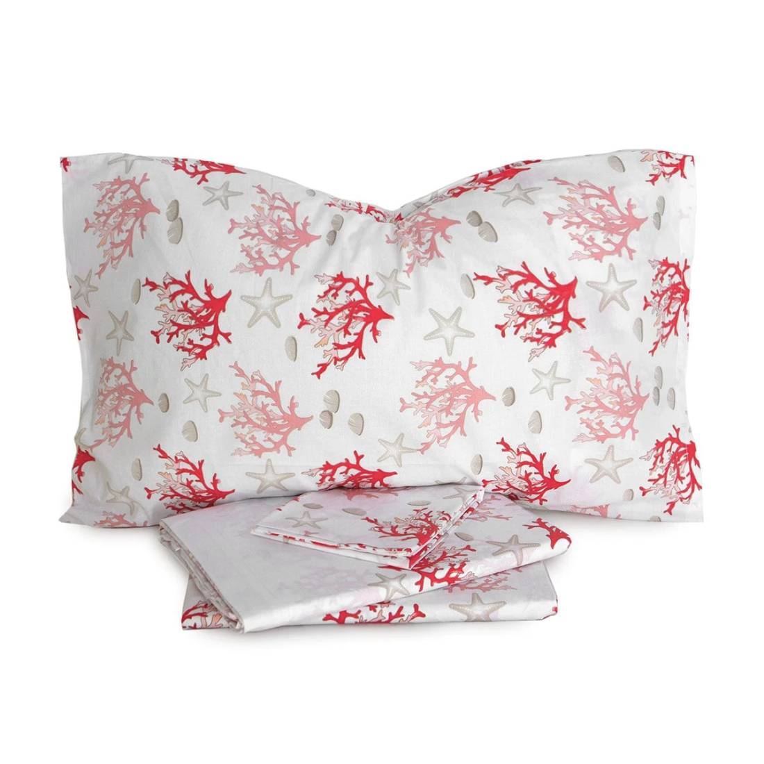 Completo lenzuola Caleffi Coralli in puro cotone. Disponibile nella misura per letto singolo e piazza e mezza. Il completo lenzuola Coralli presenta una fantasia estiva con coralli rossi e stelle marine su fondo bianco