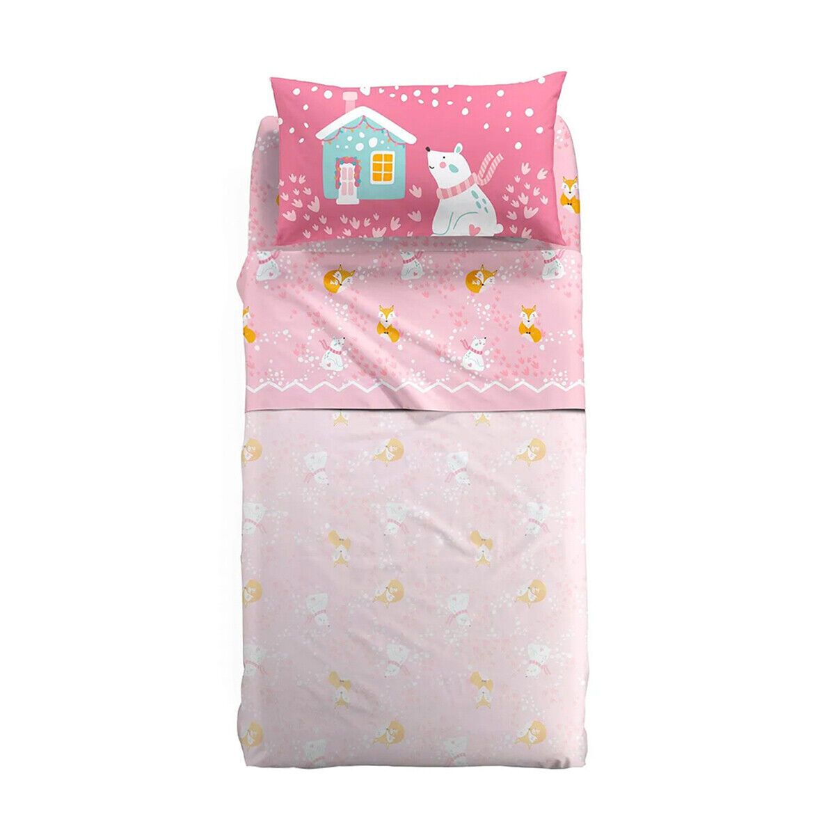 Completo lenzuola Caleffi Paesaggio in puro cotone, per letto a una piazza.Fantasia con simpatici animali (volpe e orso polare) su fondo rosa, ideale per bambine e ragazze