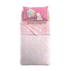 Completo lenzuola Caleffi Paesaggio in puro cotone, per letto a una piazza.Fantasia con simpatici animali (volpe e orso polare) su fondo rosa, ideale per bambine e ragazze