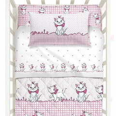 lenzuolo culla caleffi disney aristogatti. Fantasia con gattina Minou su fondo bianco e rosa.