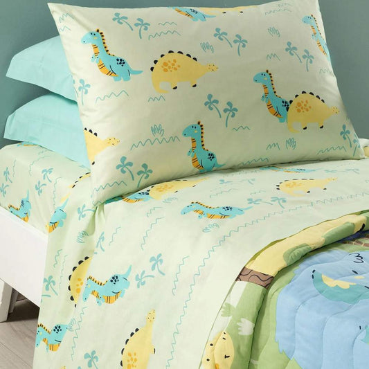 Completo lenzuola Caleffi Jurassic in puro cotone. Disponibile nella misura per letto singolo e piazza e mezza.Il lenzuolo Jurassic presenta una fantasia colorata, con simpatici dinosauri su fondo verde. Ideale per bambini e ragazzi