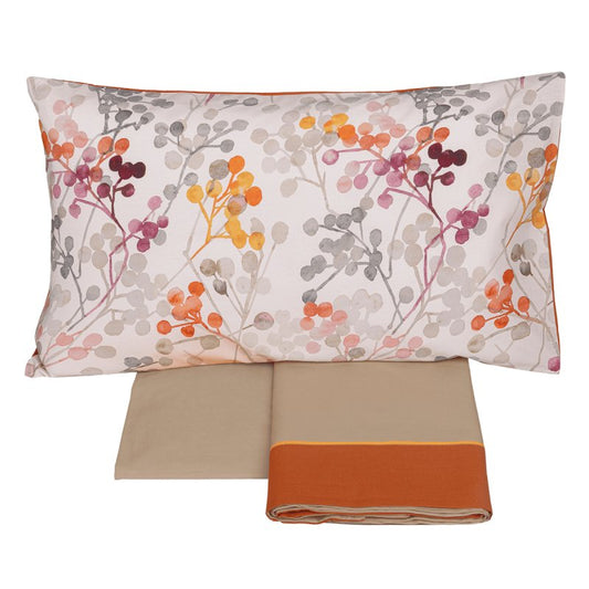 Completo lenzuola fazzini bacche matrimoniale in percalle di cotone. Fantasia con bacche stilizzate, tonalità calde.