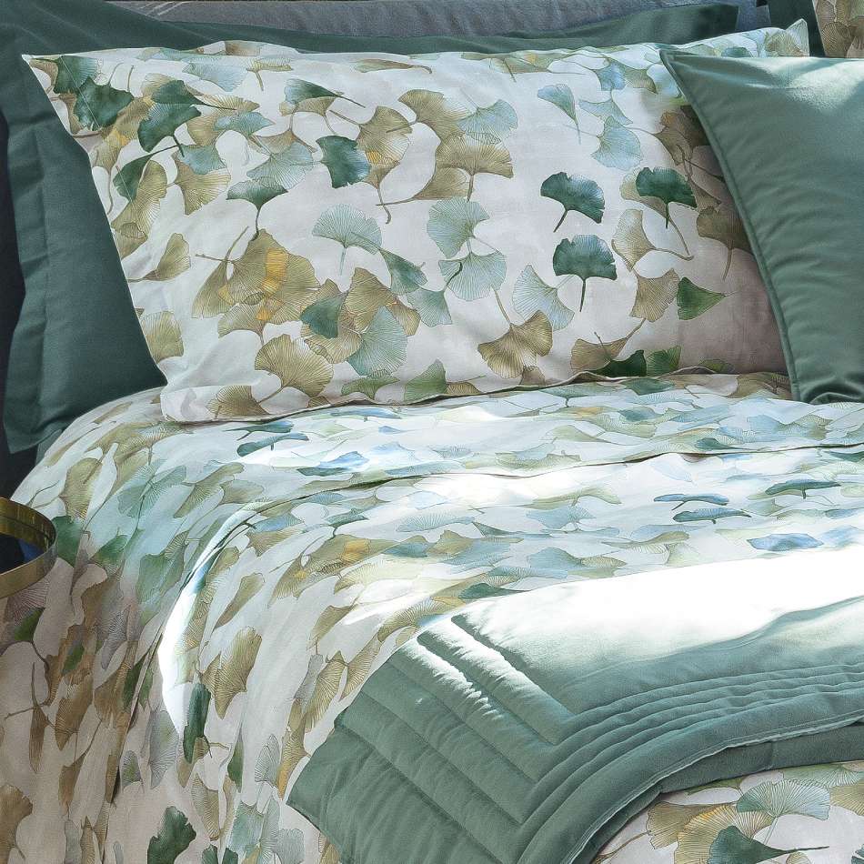 Lenzuolo flanella di cotone fazzini Ginkgo matrimoniale. Fantasia foglie verdi.