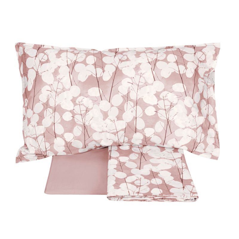 Completo lenzuola matrimoniale Fazzini Lunaria in percalle di cotone. Fantasia floreale moderna, con fiori chiari su fondo rosa.