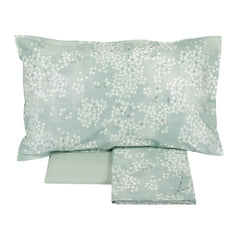 Completo Lenzuola matrimoniale Fazzini Kimono in percalle di cotone. Fantasia floreale con fiori bianchi su fondo verde acqua