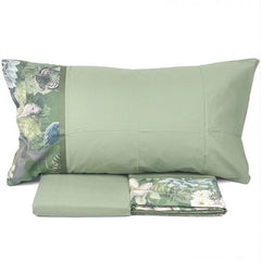 Completo lenzuola matrimoniale Fazzini Protea, in flanella di cotone. Fantasia floreale verde