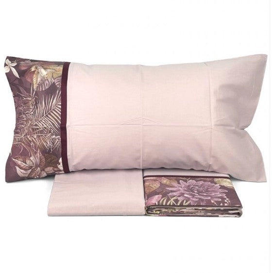 Completo lenzuola matrimoniale Fazzini Protea, in flanella di cotone. Fantasia floreale rosa-burgundy