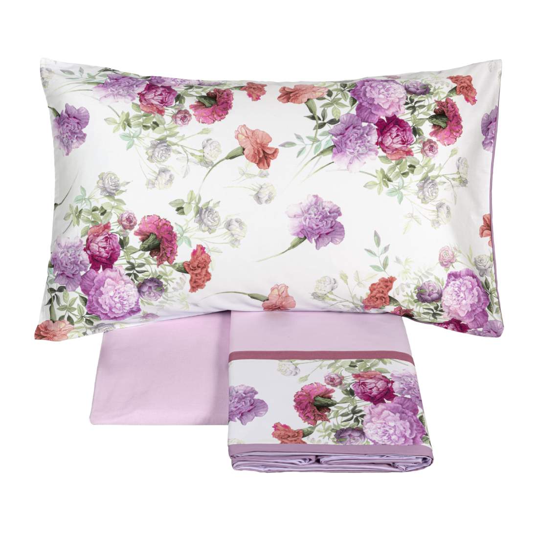 Completo lenzuola matrimoniale Fazzini Summer, in percalle e raso di puro cotone. La fantasia Summer è ispirata dalla bellezza del garofano. Il disegno romantico e vivido dei fiori decora le federe e la balza superiore del lenzuolo di sopra, entrambe in raso di cotone. Colore rosa glicine. La fantasia è presente sulla faccia superiore delle federe e sulla balza del lenzuolo di sopra, entrambe in raso di cotone. Il resto del completo è in percalle tinta unita rosa.