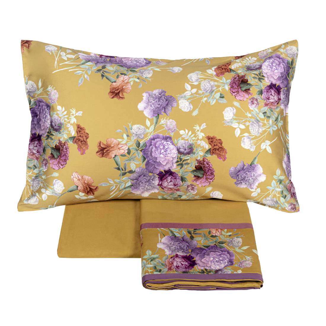 Completo lenzuola matrimoniale Fazzini Summer, in percalle e raso di puro cotone. La fantasia Summer è ispirata dalla bellezza del garofano. Il disegno romantico e vivido dei fiori decora le federe e la balza superiore del lenzuolo di sopra, entrambe in raso di cotone. Colore giallo ocra. La fantasia è presente sulla faccia superiore delle federe e sulla balza del lenzuolo di sopra, entrambe in raso di cotone. Il resto del completo è in percalle tinta unita ocra.