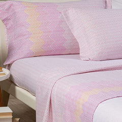 Completo lenzuola Caleffi William, in flanella di puro cotone. Fantasia geometrica a righe colore rosa. Disponibile nella misura per letto singolo, piazza e mezza e francese (piazza e mezza maxi).