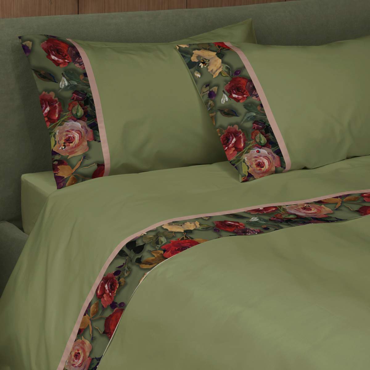 completo lenzuola in flanella di cotone fazzini nettare verde fantasia floreale