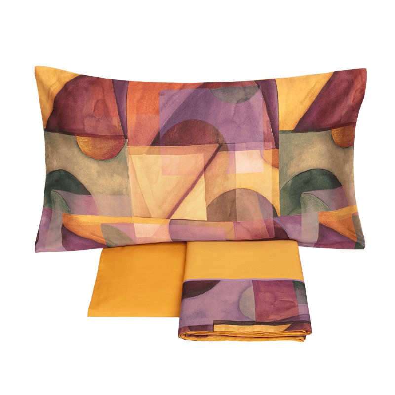 Completo Lenzuola matrimoniale Fazzini Paracas, fantasia geometrica zucca-malva