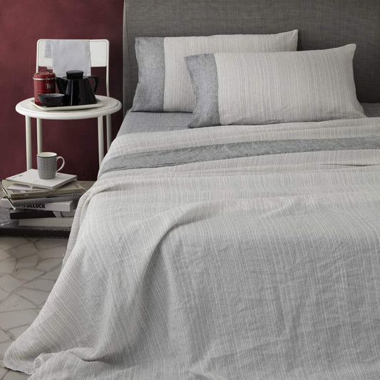 Completo lenzuola matrimoniale Marea di NK Camillatex, in puro lino. L'attenta scelta dei colori dona al completo un sapore moderno e ricercato. Colore bianco e nero. Il lenzuolo superiore presenta una fantasia rigata e un bordo tinto in filo di colore più scuro. Quest'ultima colorazione la si ritrova anche sul lenzuolo con angoli. Le federe a sacchetto ripropongono lo stesso abbinamento del lenzuolo.