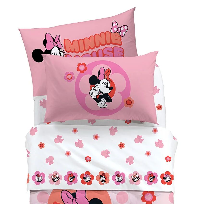 Completo lenzuola Minnie Flowers della linea Caleffi Disney, in puro cotone per letto singolo. Ideale per la tua bambina. Il completo lenzuola Minnie Flowers presenta una fantasia con varie stampe di Minnie e fiori su fondo rosa e bianco. La federa è double face con due diversi disegni di Minnie.