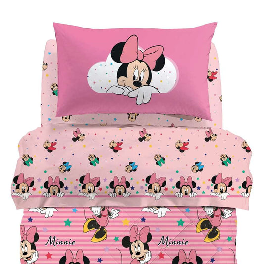 Completo lenzuola Minnie Rainbow della linea Caleffi Disney , in puro cotone per letto singolo e piazza e mezza. Il completo lenzuola Minnie Rainbow presenta una fantasia con varie stampe di Minnie su fondo rosa. Federa double face con due diversi disegni di Minnie.Ideale per la tua bambina
