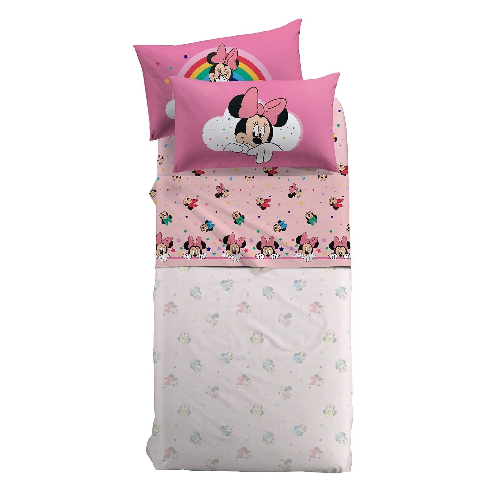 Completo lenzuola Minnie Rainbow della linea Caleffi Disney , in puro cotone per letto singolo e piazza e mezza. Il completo lenzuola Minnie Rainbow presenta una fantasia con varie stampe di Minnie su fondo rosa. Federa double face con due diversi disegni di Minnie.Ideale per la tua bambina