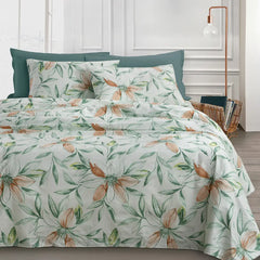 completo lenzuola matrimoniale Camille di Somma. Fantasia fiori arancio su fondo verde